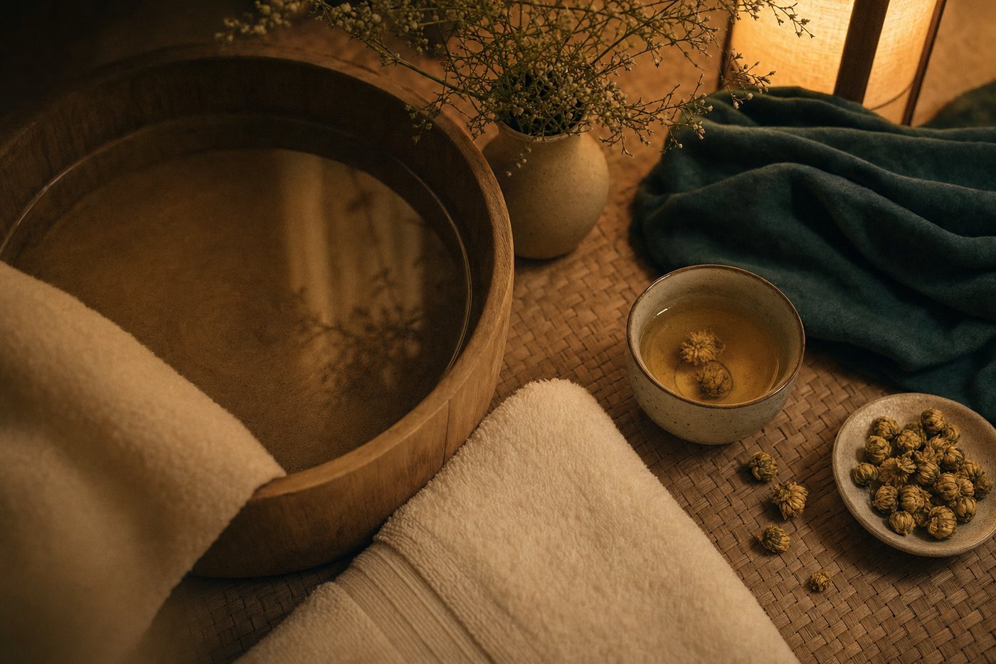 睡前仪式:温水泡脚盆、毛巾与花草茶