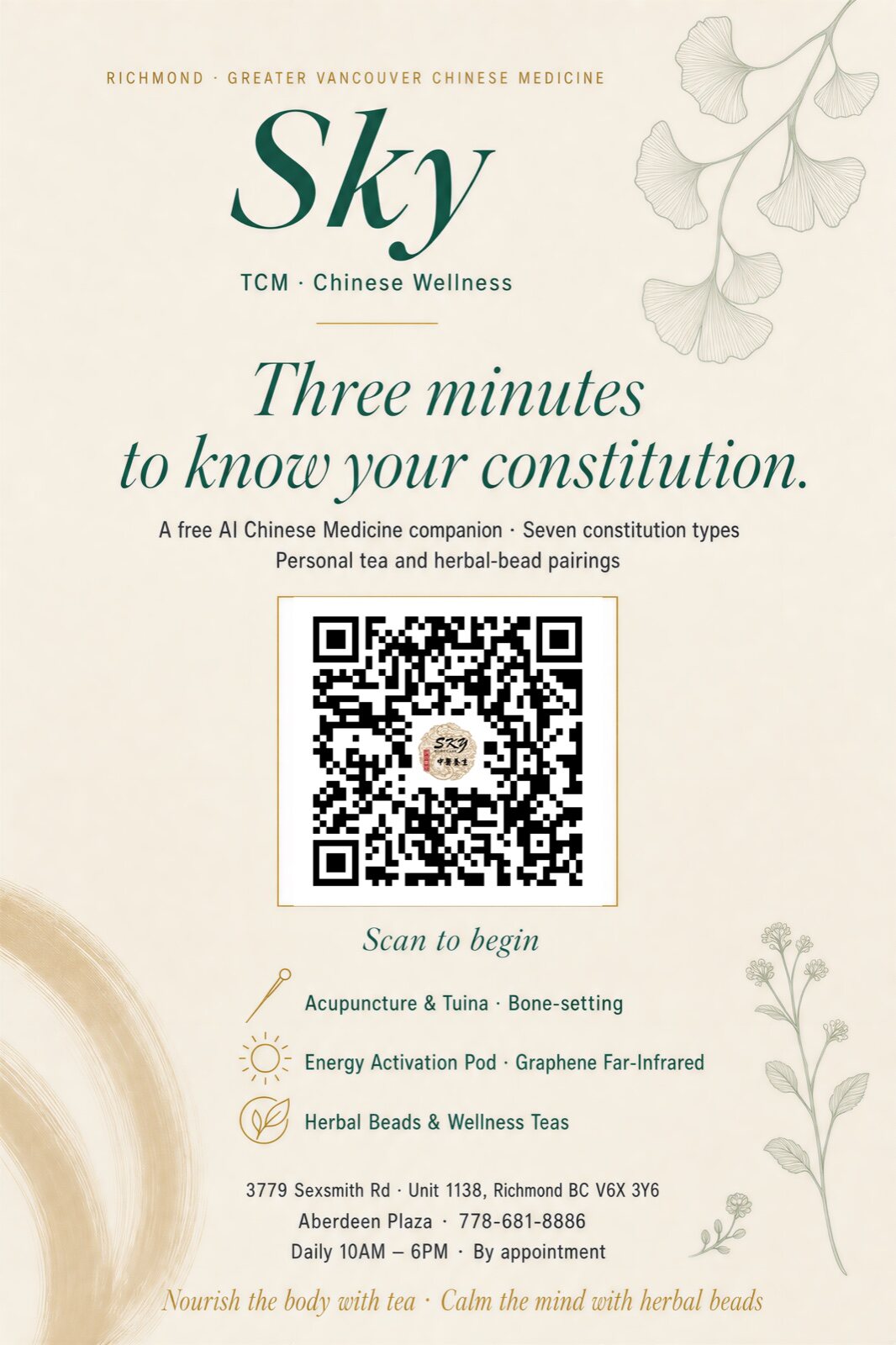 Sky TCM AI Companion poster — scan WeChat to begin · Richmond BC