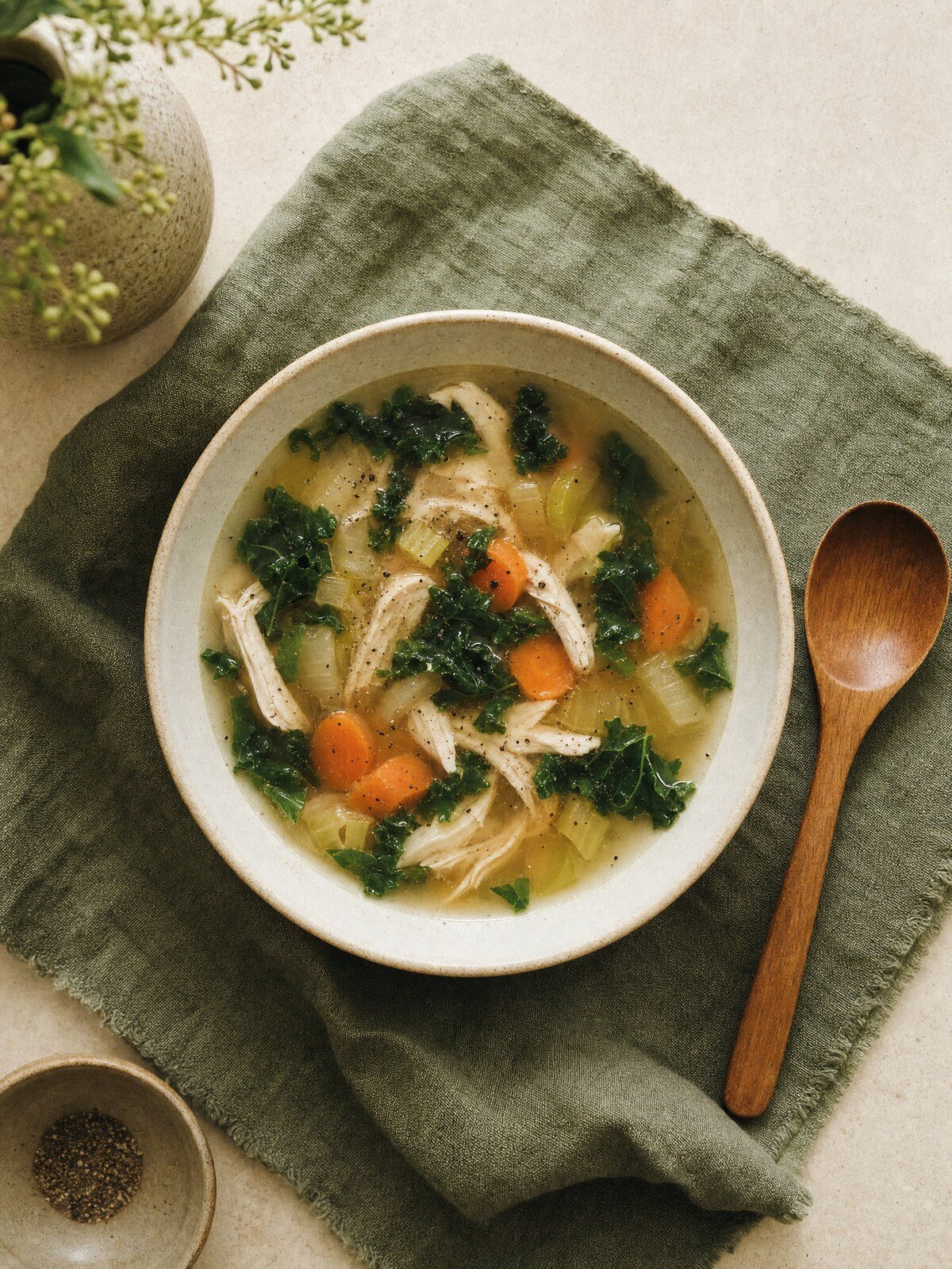 A nourishing bowl of chicken and kale soup with a wooden spoon