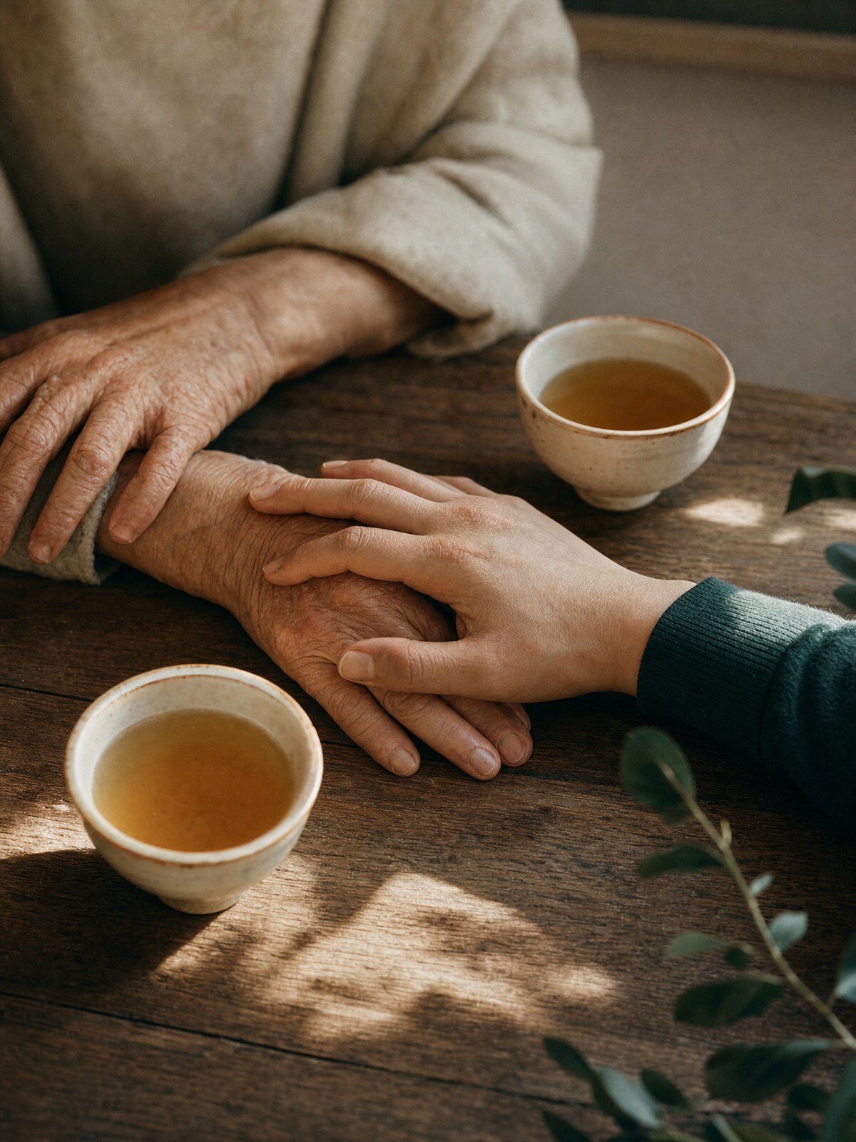 A young hand resting on an elderly parent's hand over warm tea