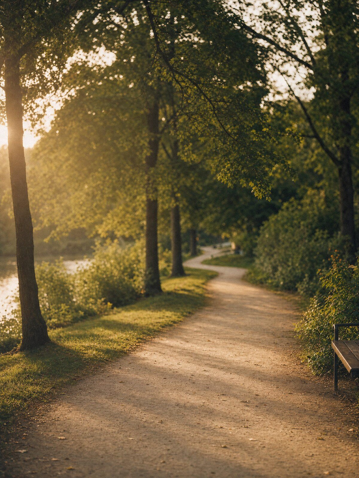 A quiet golden-hour path by the water with a bench