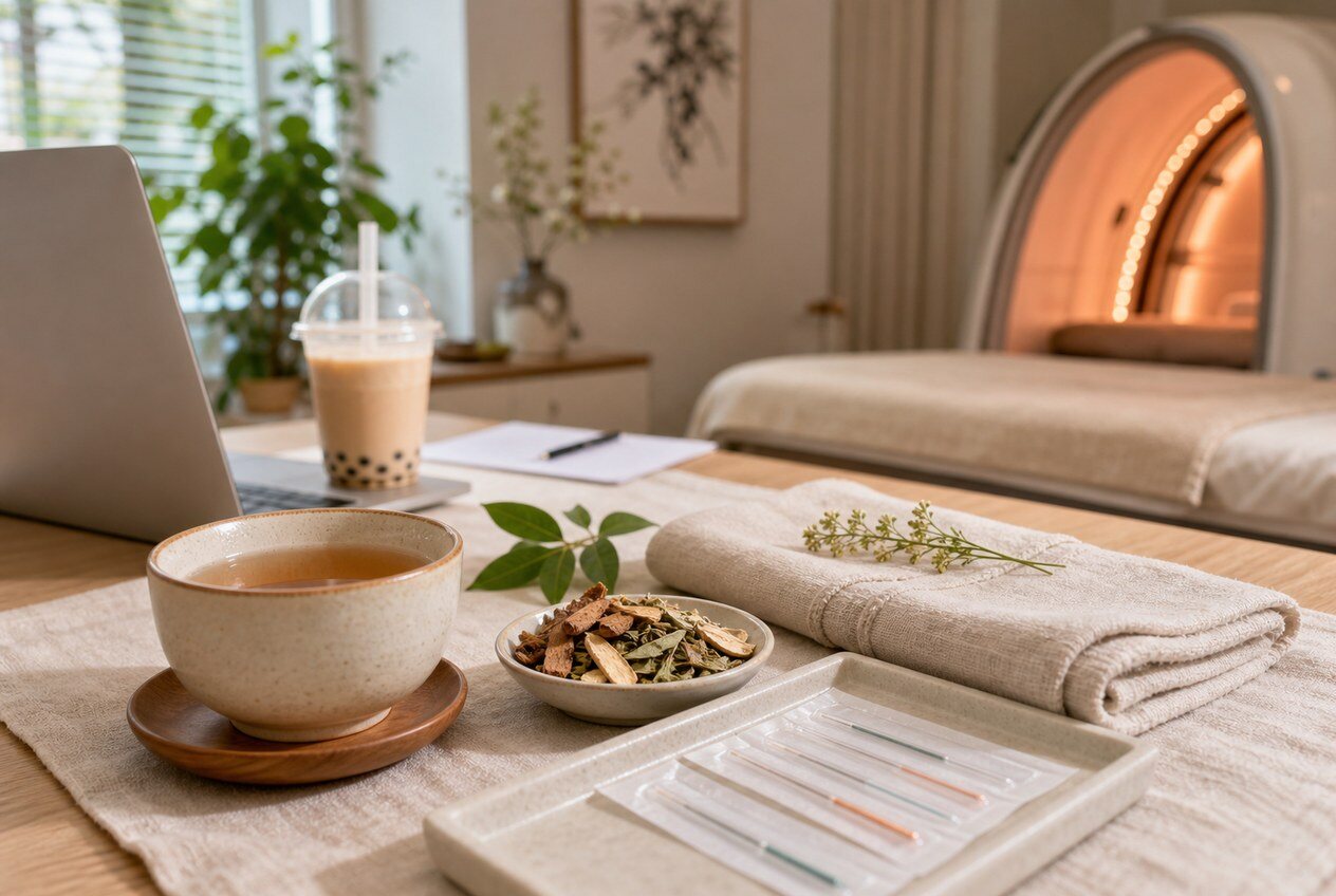 Warm herbal tea and TCM care for office AC and iced drink dampness in Richmond 冷气族冰手摇寒湿调理
