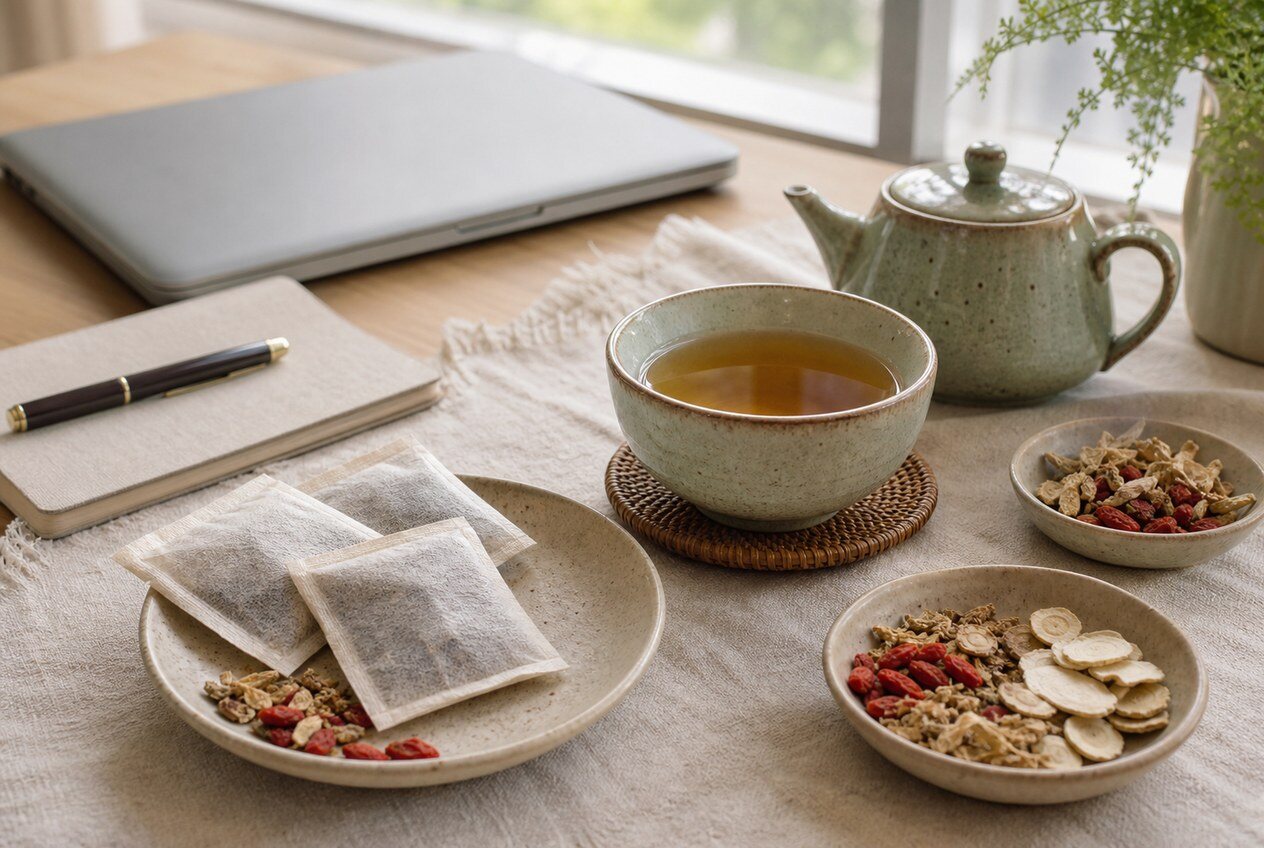 Warm herbal tea sachets for office workers at Sky TCM Richmond 除湿养胃茶冷气族手摇替代