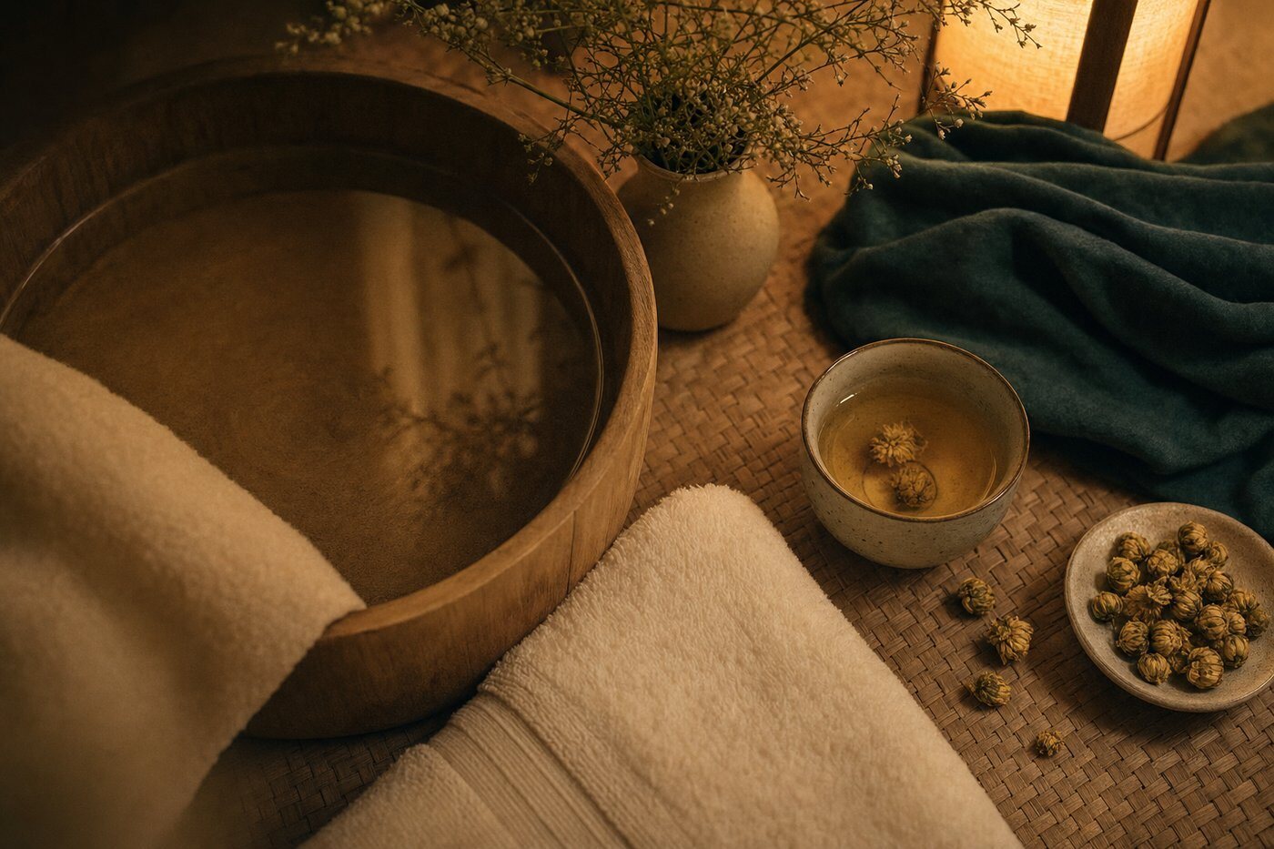 A gentle evening wind-down ritual with warm foot bath and herbal tea