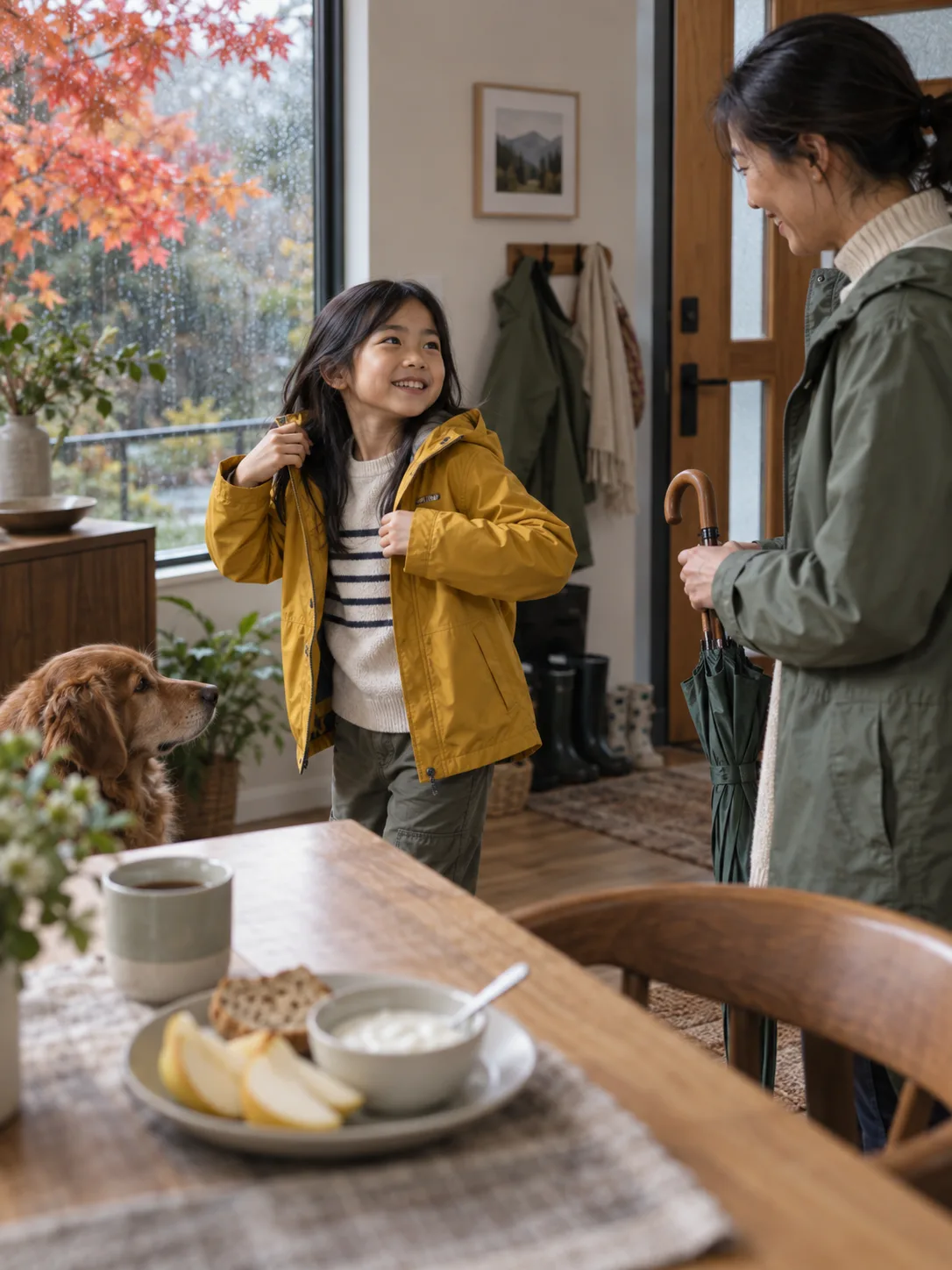 A child and parent getting ready for a rainy Vancouver autumn walk