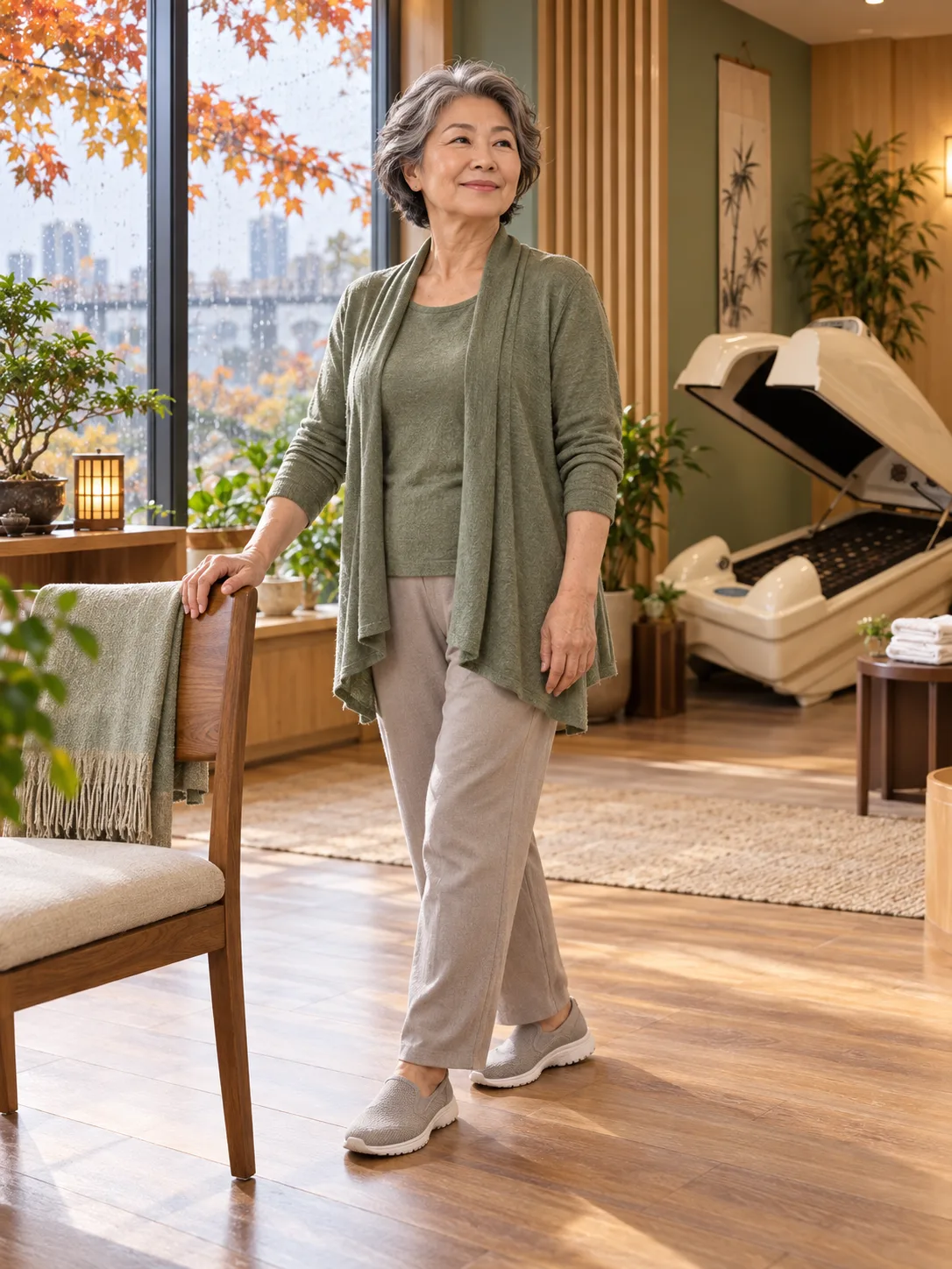 An active older adult in a calm wellness space on a rainy Vancouver autumn day
