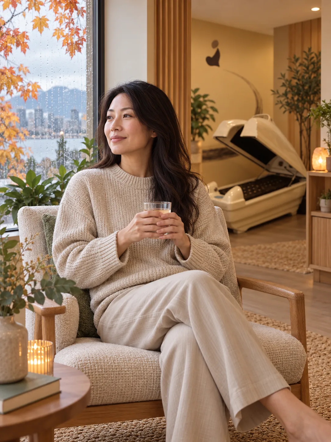 An adult woman resting indoors on a rainy Vancouver autumn day